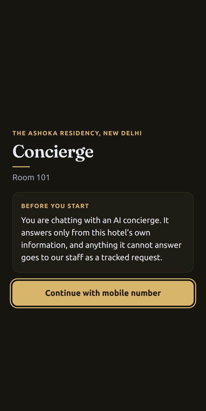 Guest landing screen showing the hotel name, Room 101, and an AI disclosure above a single continue button.