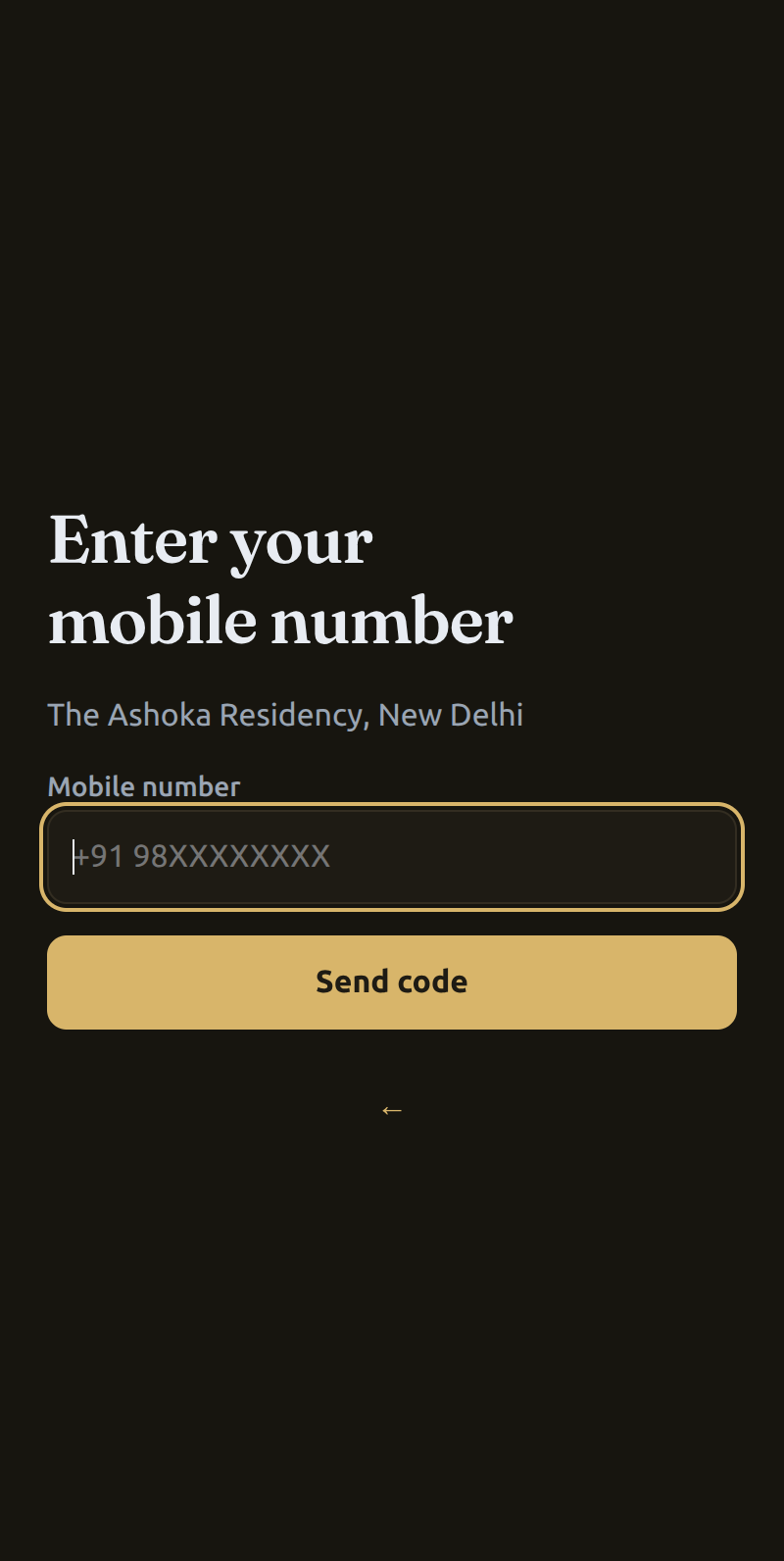 Mobile number entry screen with a single input and a send code button.