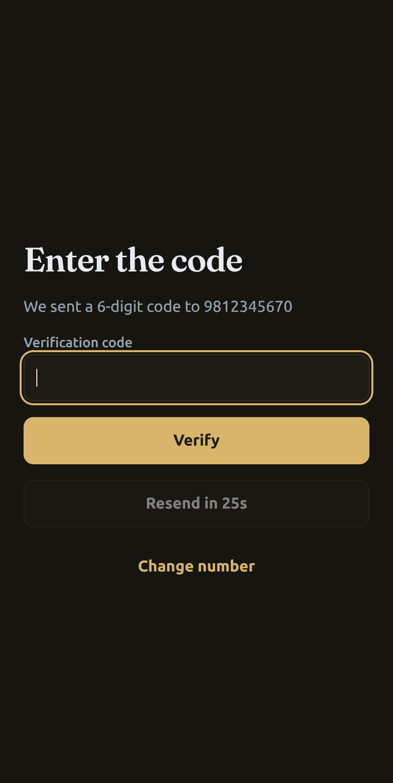 Verification code screen with a six-digit input, a disabled resend countdown, and a change number option.