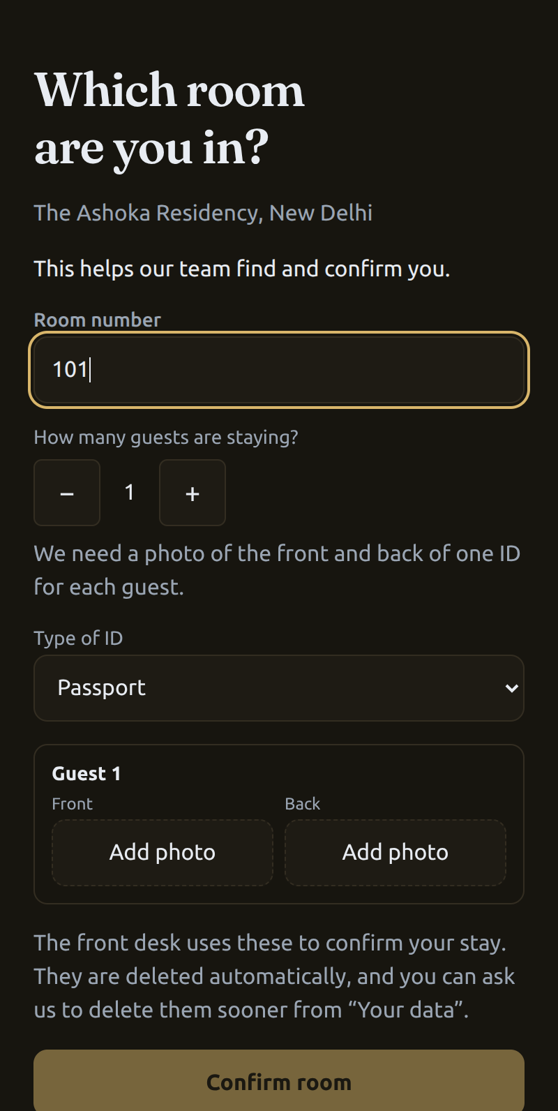 Room claim screen with room number, guest count stepper, ID type selector, photo upload slots, and a retention notice.