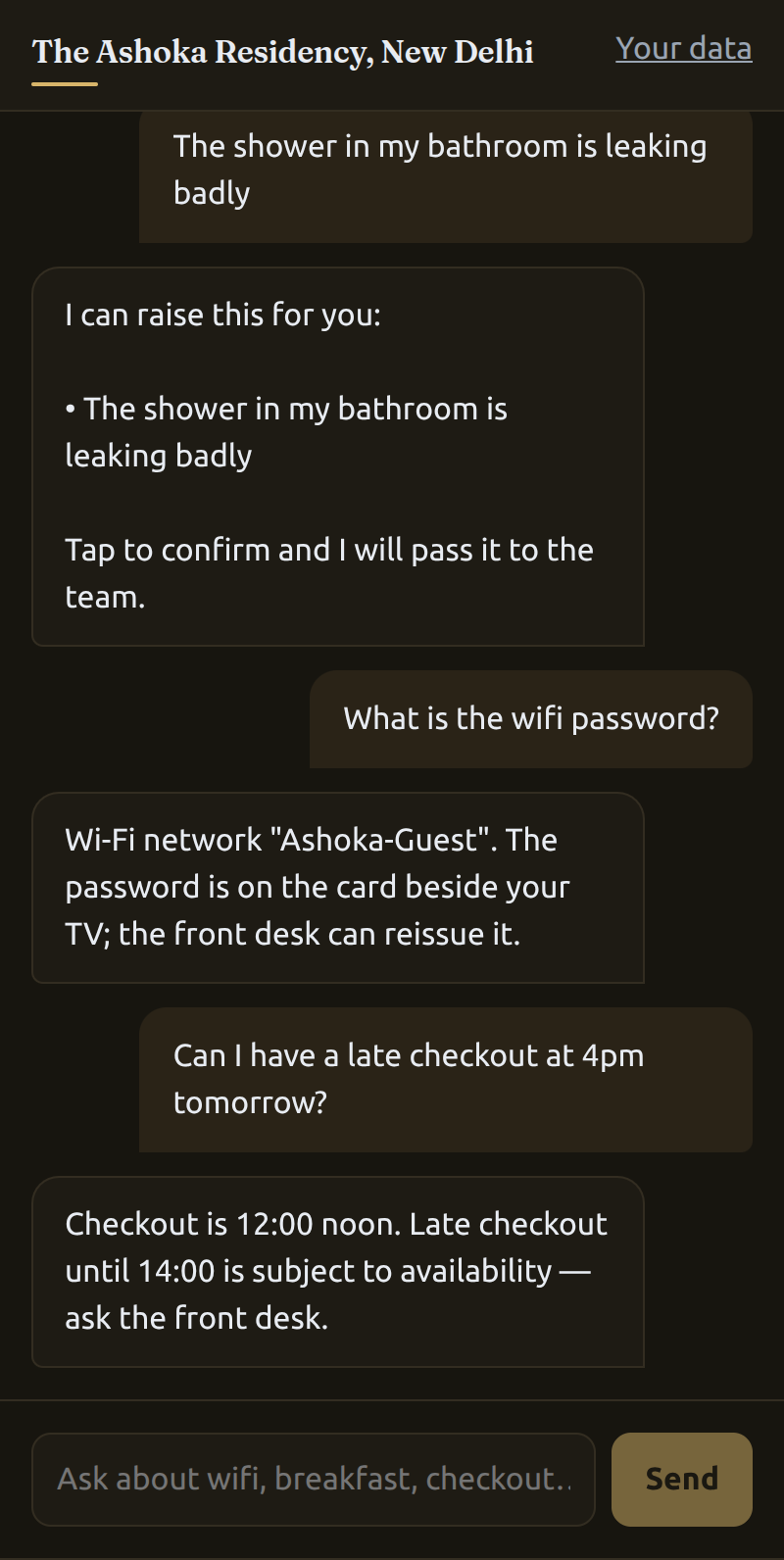 Concierge conversation answering breakfast hours and the wifi network, then declining to promise a 4pm late checkout and stating the real policy instead.