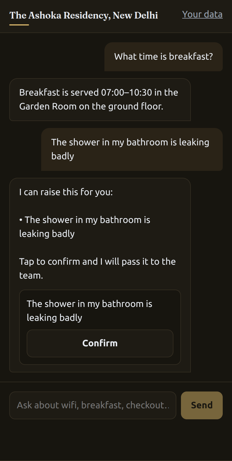 Chat screen where the concierge offers to raise a maintenance request and waits for the guest to tap confirm.