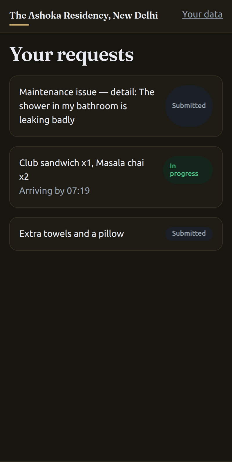 Requests list showing a maintenance issue marked submitted, a food order in progress with an arrival time, and an amenity request.