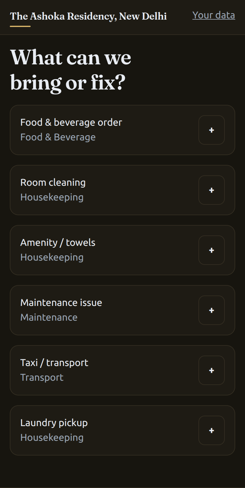 Structured request menu listing food and beverage, room cleaning, amenities, maintenance, taxi, and laundry, each labelled with its owning department.