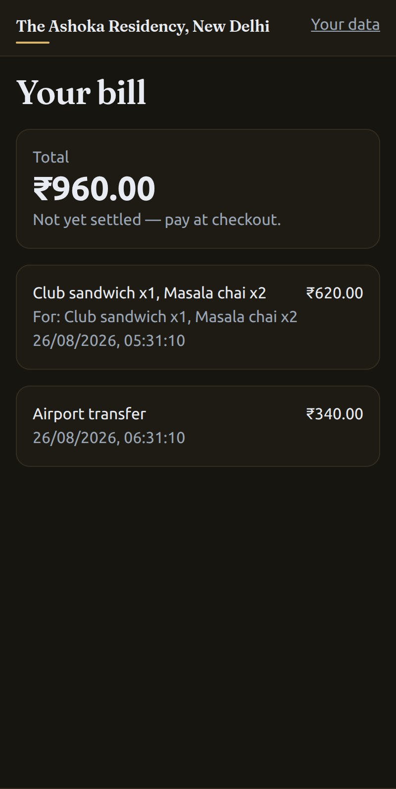 Itemised bill listing a food order and an airport transfer with timestamps and a total marked not yet settled.