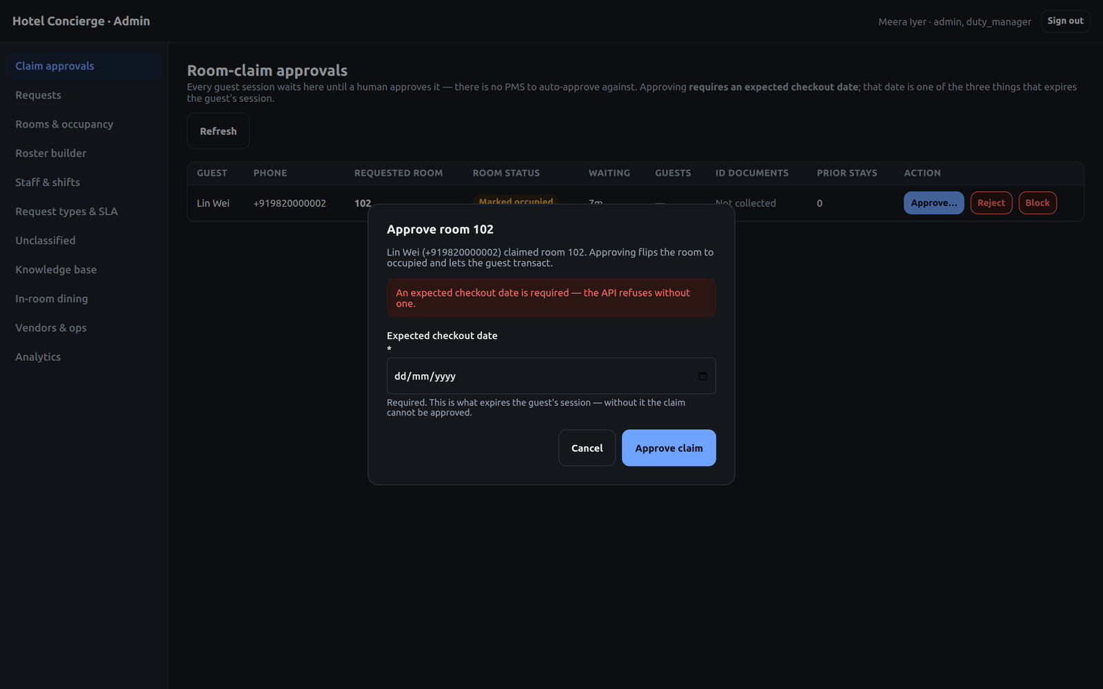 Approve room dialog showing an error that an expected checkout date is required because the API refuses without one.