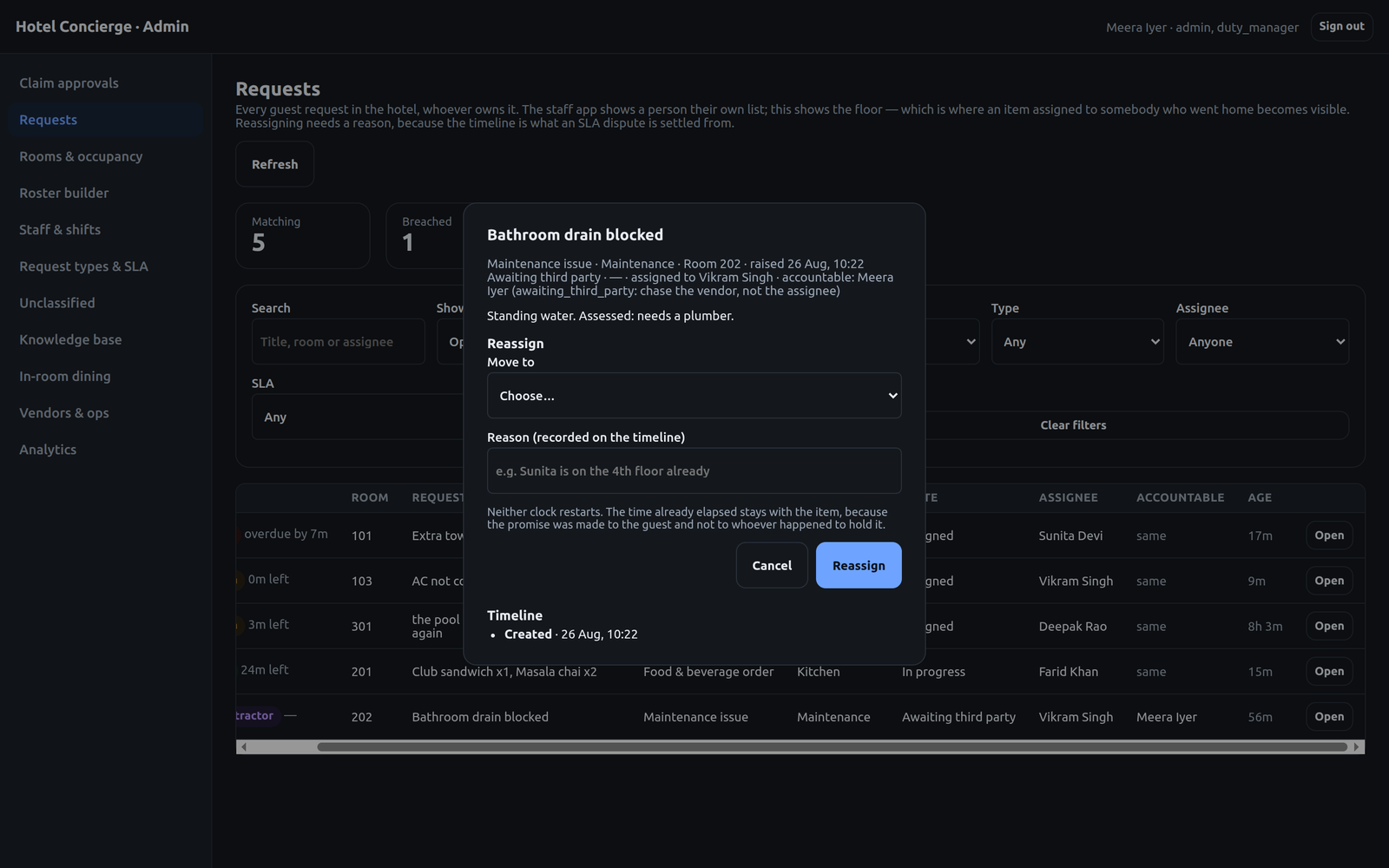 Request detail showing assignee and a different accountable owner, a reassign form requiring a reason, and a note that neither clock restarts.