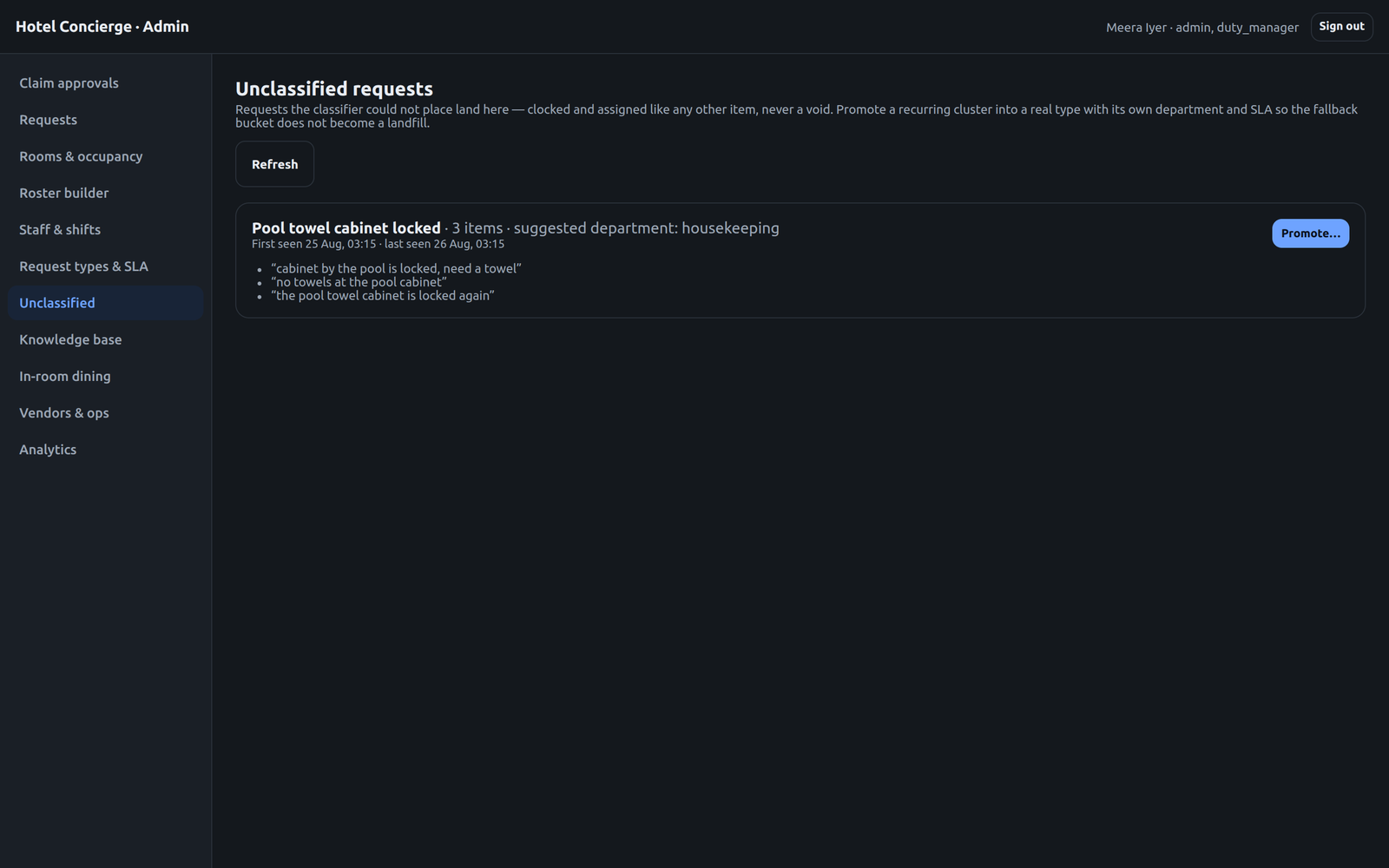 Unclassified requests page showing three guest phrasings clustered under one suggested type with a promote action.