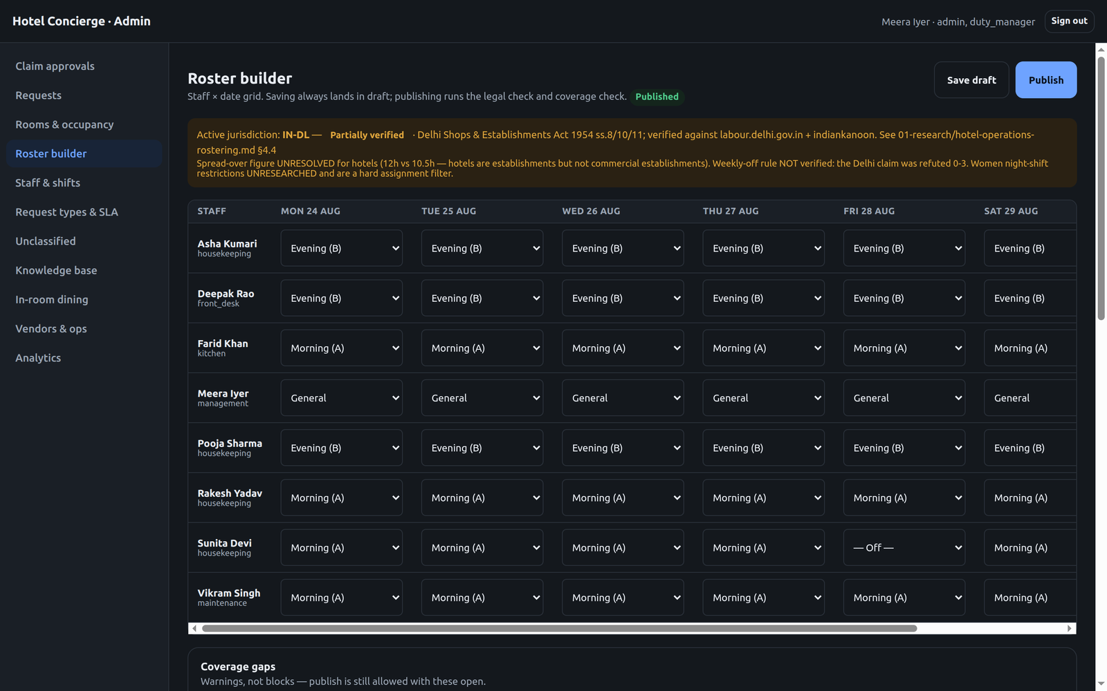 Roster builder grid with a jurisdiction banner marked partially verified, listing unresolved and unverified legal questions.